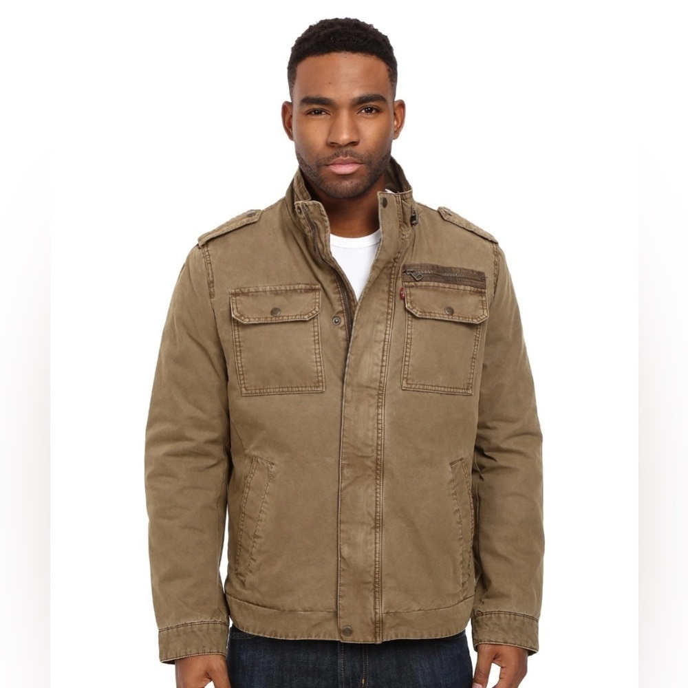 Levi's Washed Cotton Two Pocket Sherpa Lined Military Trucker Jacket Khaki sz XL